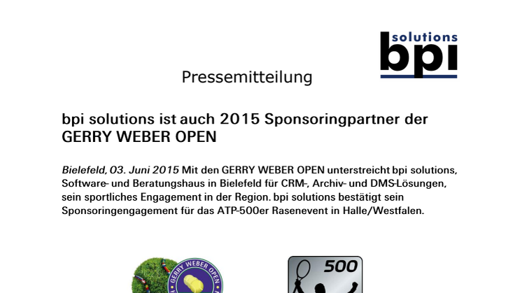 bpi solutions ist auch 2015 Sponsoringpartner der  GERRY WEBER OPEN