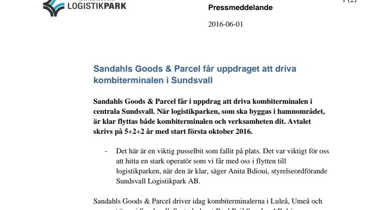 Sandahls Goods & Parcel får uppdraget att driva kombiterminalen i Sundsvall