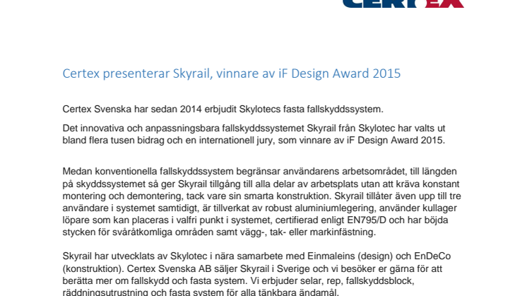 Certex presenterar Skyrail, vinnare av iF Design Award 2015