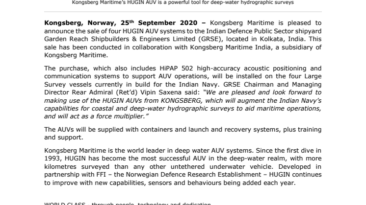 Kongsberg Maritime supply four HUGIN AUV survey systems to Garden Reach Shipbuilders & Engineers Ltd., India