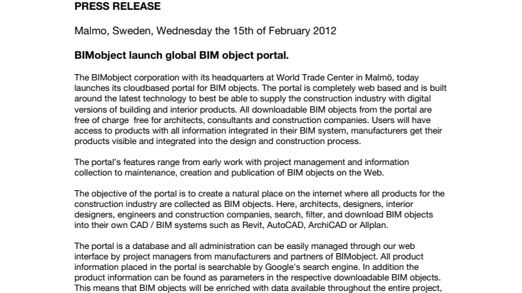 BIMobject launch global BIM object portal