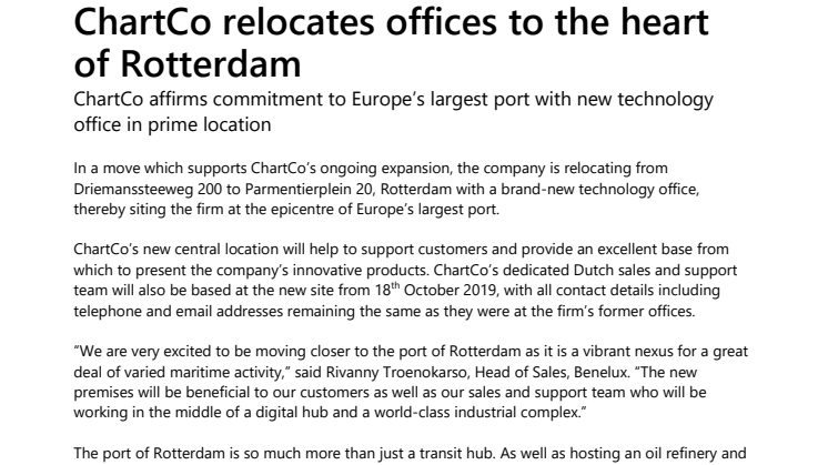 ChartCo relocates offices to the heart of Rotterdam