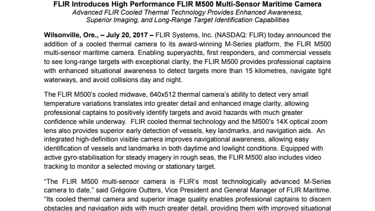 FLIR: FLIR Introduces High Performance FLIR M500 Multi-Sensor Maritime Camera
