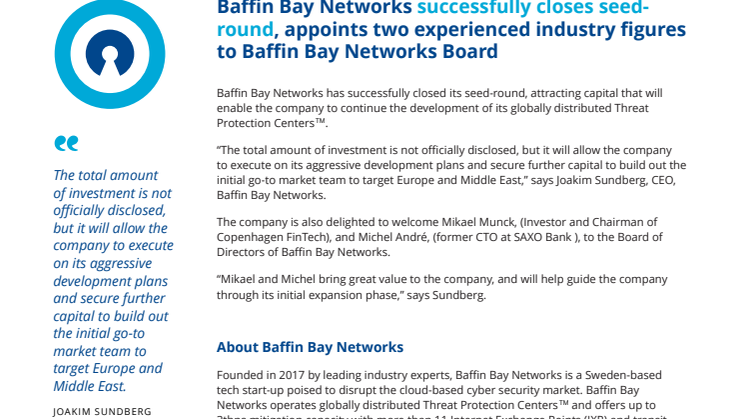 Baffin Bay Networks successfully closes seed-round, appoints two experienced industry figures to Baffin Bay Networks Board