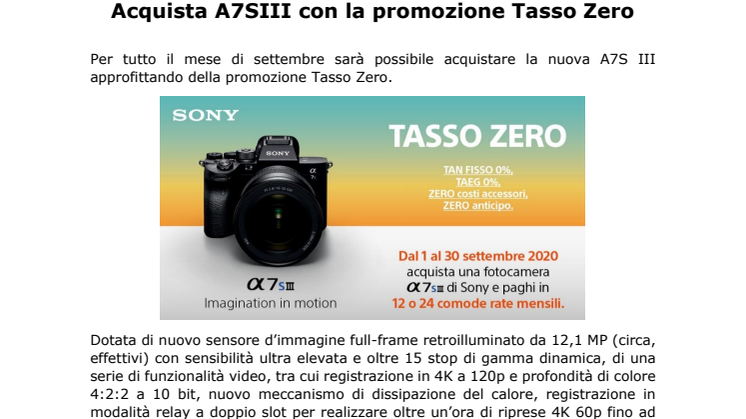 Acquista A7SIII con la promozione Tasso Zero