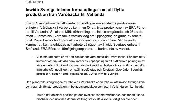 Inwido Sverige inleder förhandlingar om att flytta produktion från Väröbacka till Vetlanda
