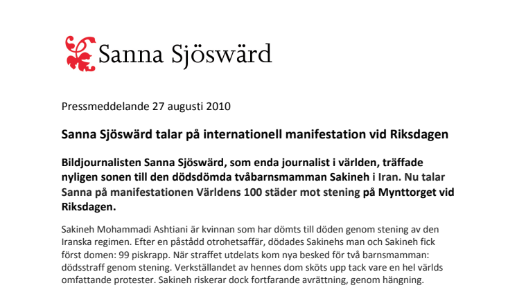 Sanna Sjöswärd talar på internationell manifestation vid Riksdagen