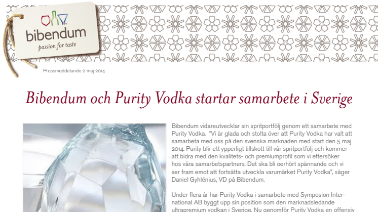 Bibendum och Purity Vodka startar samarbete i Sverige