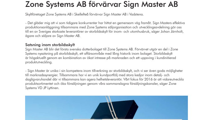 Zone Systems AB förvärvar Sign Master AB