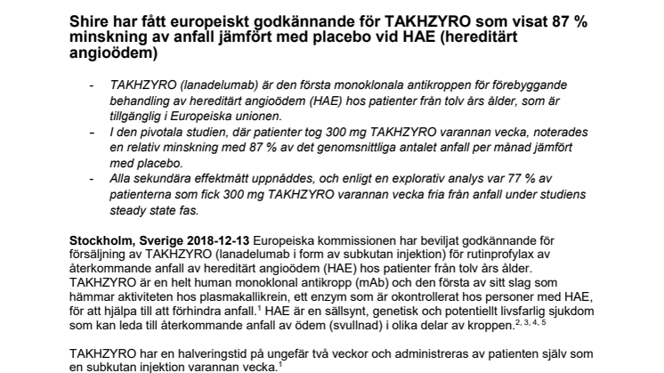 Europeiskt godkännande för TAKHZYRO (lanadelumab) för förebyggande behandling av hereditärt angioödem (HAE)