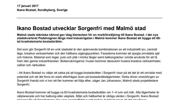 Ikano Bostad utvecklar Sorgenfri med Malmö stad