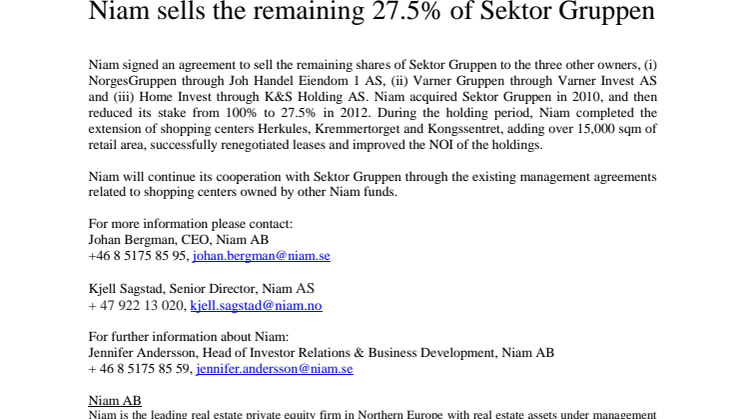 Niam sells the remaining 27.5% of Sektor Gruppen