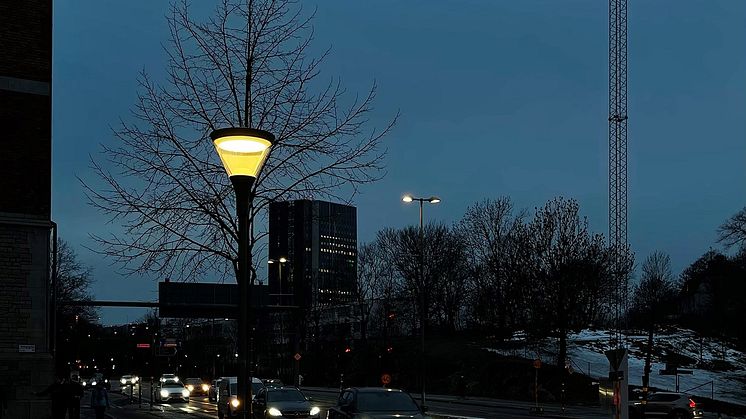 SKY Park som belysning vid Roslagstull i Stockholm.  LED-ljuskällan med sin placering i botten av armaturen ger ett behagligt indirekt ljus som är mycket bländfritt och sprids via armaturens välvda tak.