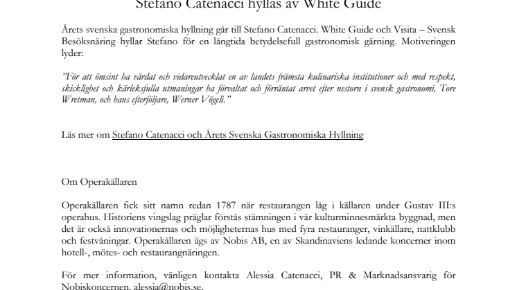 Stefano Catenacci hyllas av White Guide