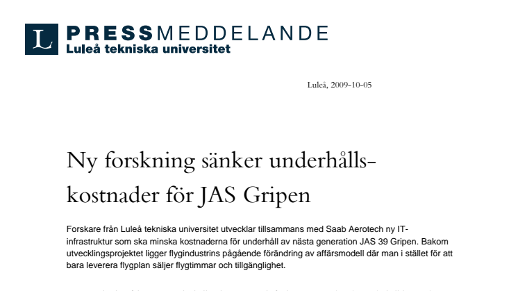 Ny forskning sänker underhållskostnad för JAS Gripen