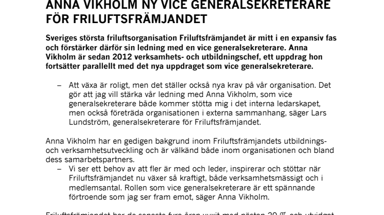 Anna Vikholm ny vice generalsekreterare för Friluftsfrämjandet