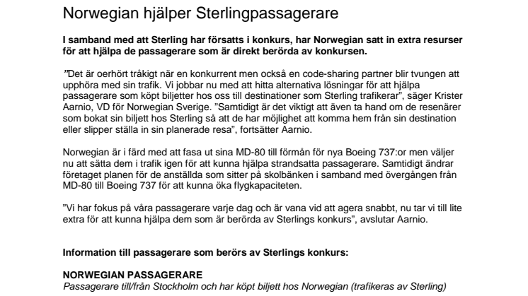 Norwegian hjälper Sterlingpassagerare