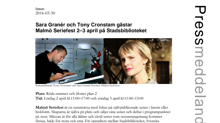 Sara Granér och Tony Cronstam gästar Malmö Seriefest 2–3 april på Stadsbiblioteket 