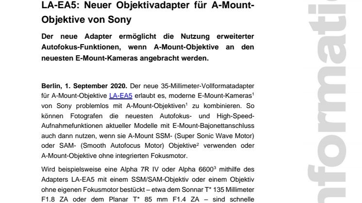 LA-EA5: Neuer Objektivadapter für A-Mount-Objektive von Sony 
