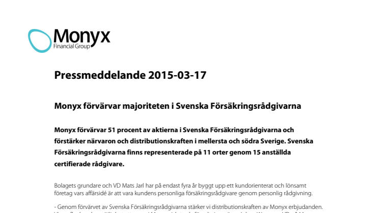 Monyx förvärvar majoriteten i Svenska Försäkringsrådgivarna 