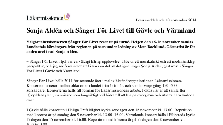 Sonja Aldén och Sånger För Livet till Gävle och Värmland