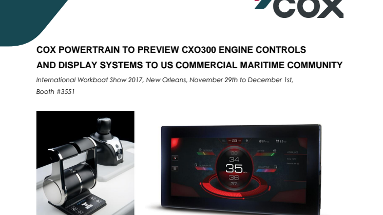 Cox Powertrain To Preview CXO300 Engine Controls And Display Systems To US Commercial Maritime Community