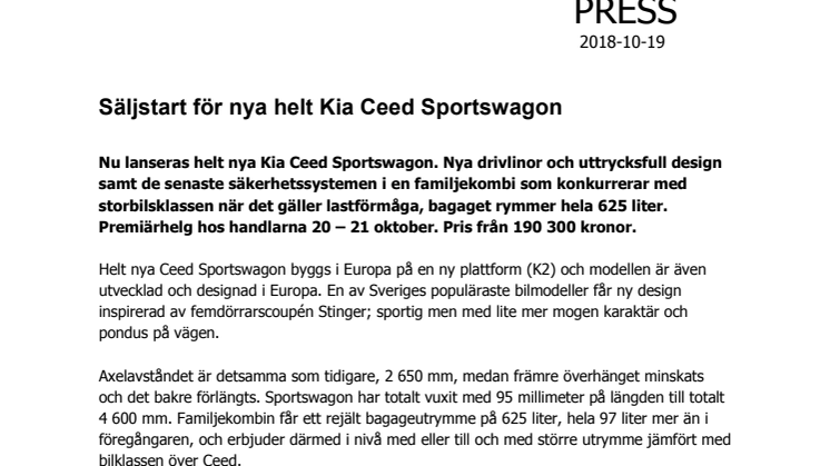  Säljstart för nya helt Kia Ceed Sportswagon