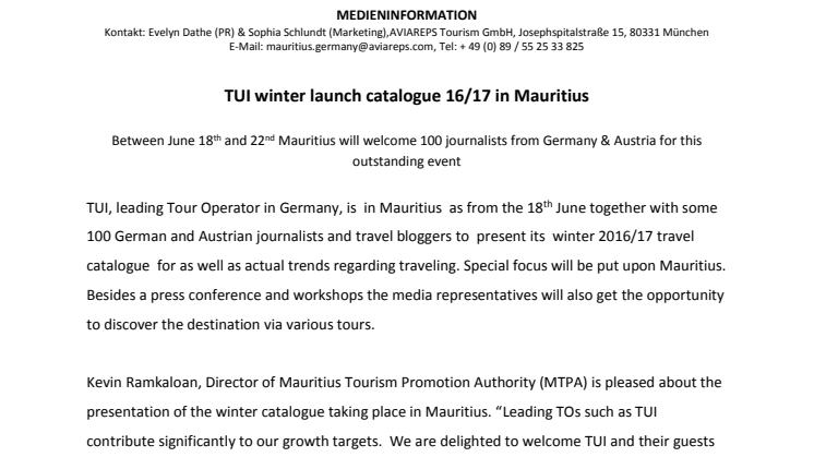 TUI winter launch catalogue 16/17 in Mauritius  - TUI Winter-Katalog 16/17 wird auf Mauritius vorgestellt 