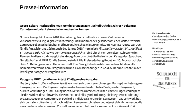 Cornelsen mit vier Lehrwerken zum „Schulbuch des Jahres“ nominiert: Verleihung durch das Georg-Eckert-Institut auf der didacta Bildungsmesse in Hannover