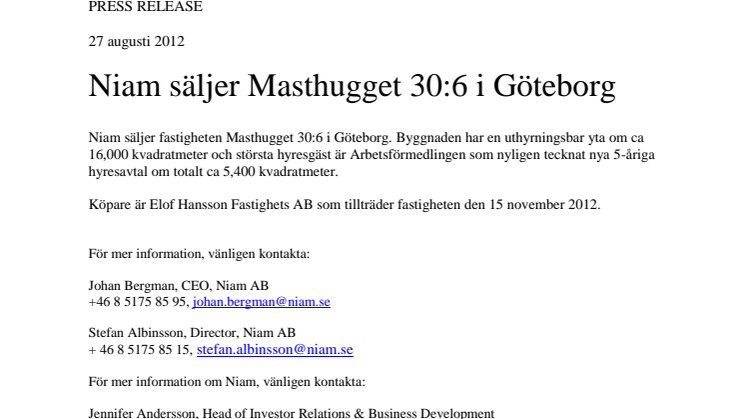 Niam säljer Masthugget 30:6 i Göteborg