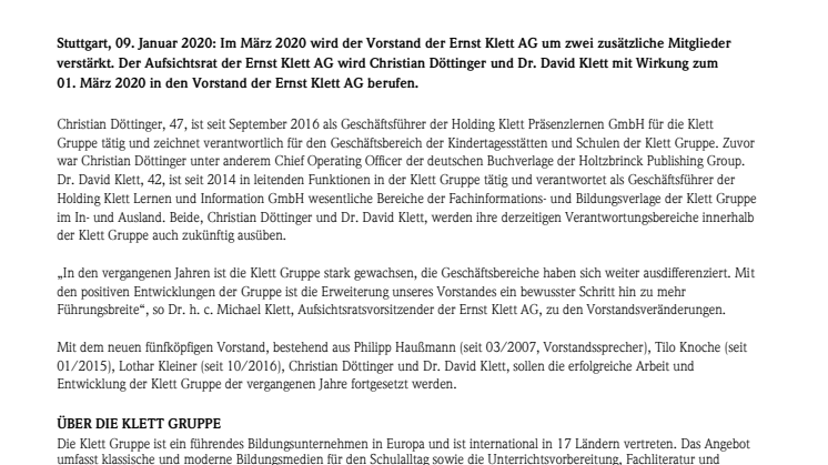 Verstärkung des Vorstandes: Ernst Klett AG zukünftig mit fünfköpfiger Führung