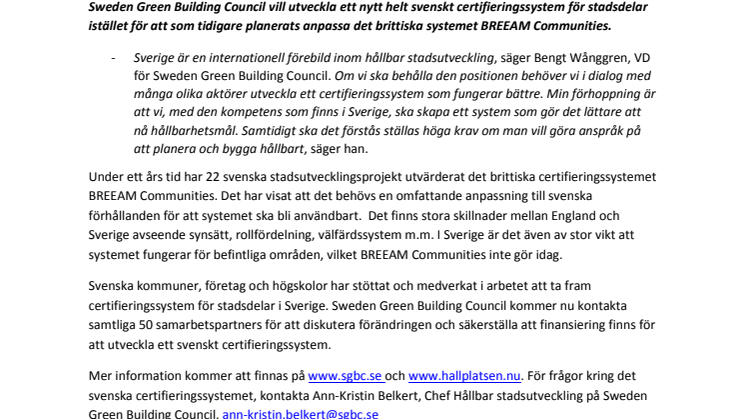 Nytt svenskt certifieringssystem för hållbara städer