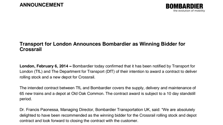 Bombardier vinner upphandling av tåg till Crossrail-projektet i London