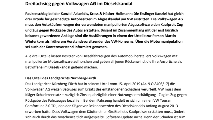 Dreifachsieg gegen Volkswagen AG im Dieselskandal 