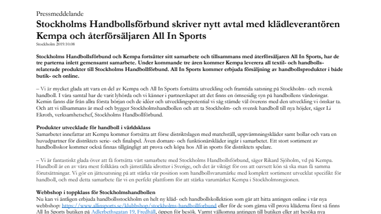 Stockholms Handbollsförbund skriver nytt avtal med klädleverantören Kempa och återförsäljaren All In Sports
