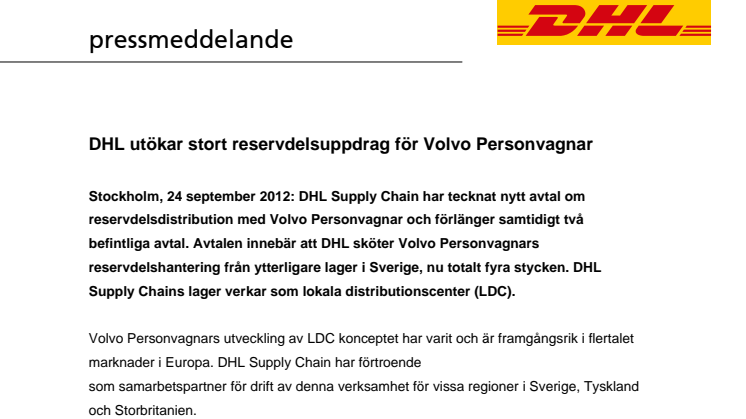 DHL utökar stort reservdelsuppdrag för Volvo Personvagnar