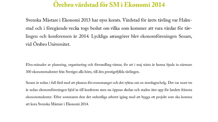 Örebro värdstad för SM i Ekonomi 2014