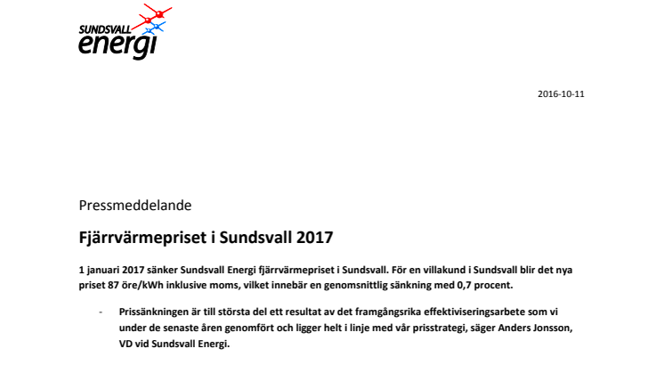 Fjärrvärmepriset i Sundsvall 2017