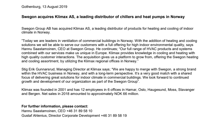 Swegon acquires Klimax AS, a leading distributor of chillers and heat pumps in Norway