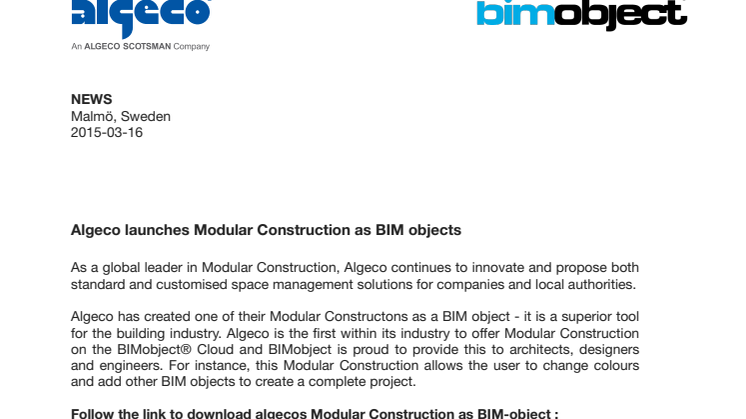  Algeco launches Modular Construction as BIM object