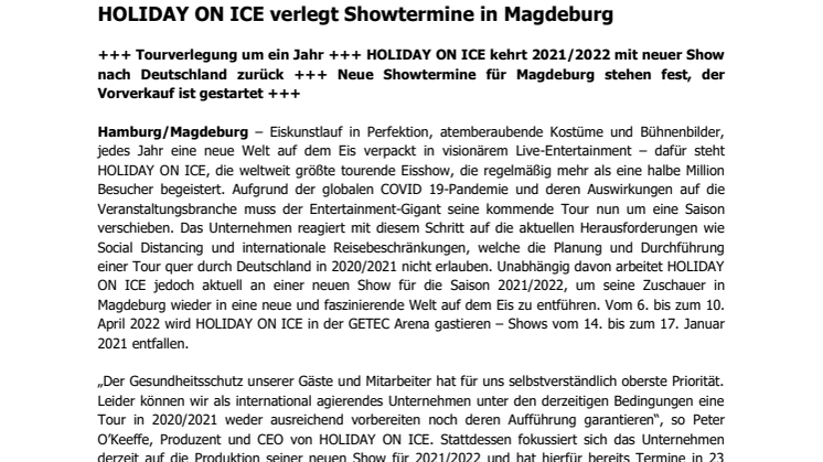 HOLIDAY ON ICE verlegt Showtermine in Magdeburg