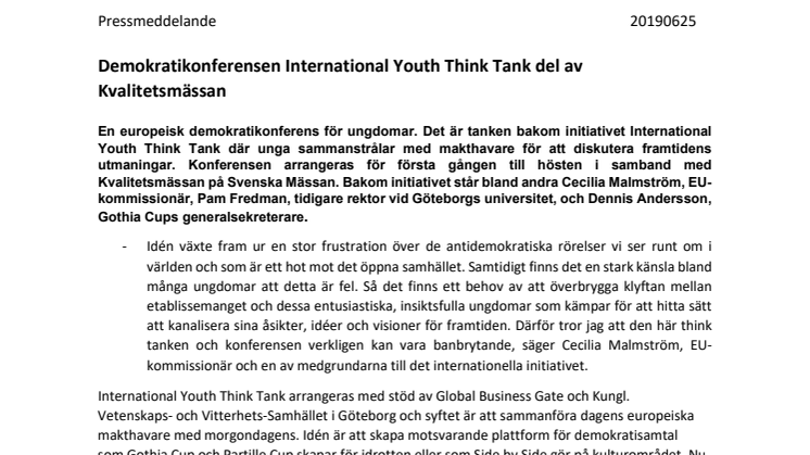 Demokratikonferensen International Youth Think Tank del av Kvalitetsmässan