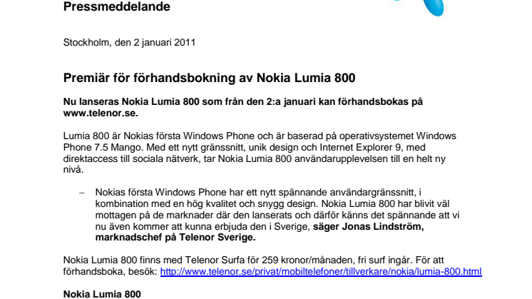 Premiär för förhandsbokning av Nokia Lumia 800 