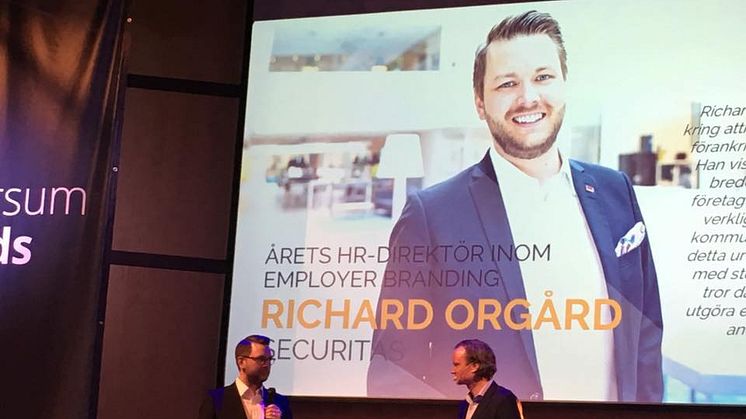 Richard Orgård utsågs den 19 maj 2019 till årets personaldirektör inom Employer Branding vid Universums gala. Foto: Securitas Sverige AB.