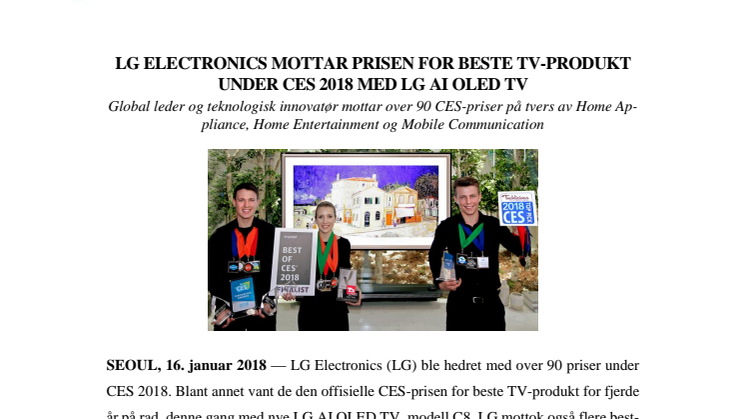 LG ELECTRONICS MOTTAR PRISEN FOR BESTE TV-PRODUKT UNDER CES 2018 MED LG AI OLED TV