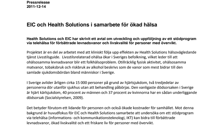 EIC och Health Solutions i samarbete för ökad hälsa