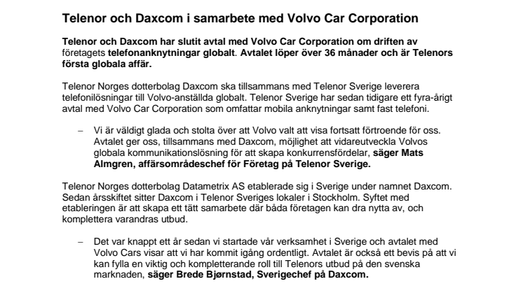 Telenor och Daxcom i samarbete med Volvo Car Corporation