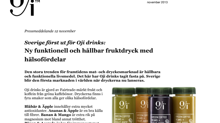 Sverige först ut för Oji drinks: Ny funktionell och hållbar fruktdryck med hälsofördelar 