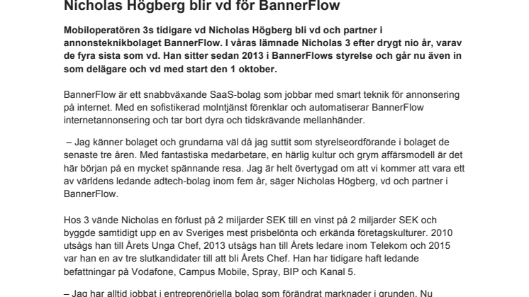 ​Nicholas Högberg blir vd för BannerFlow