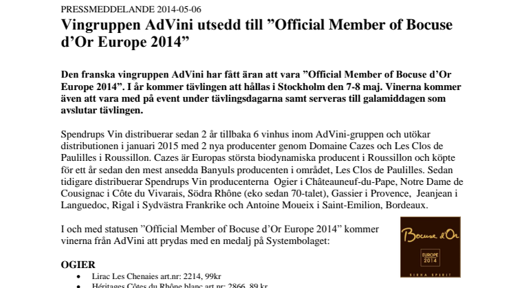 Vingruppen AdVini utsedd till ”Official Member of Bocuse d’Or Europe 2014”